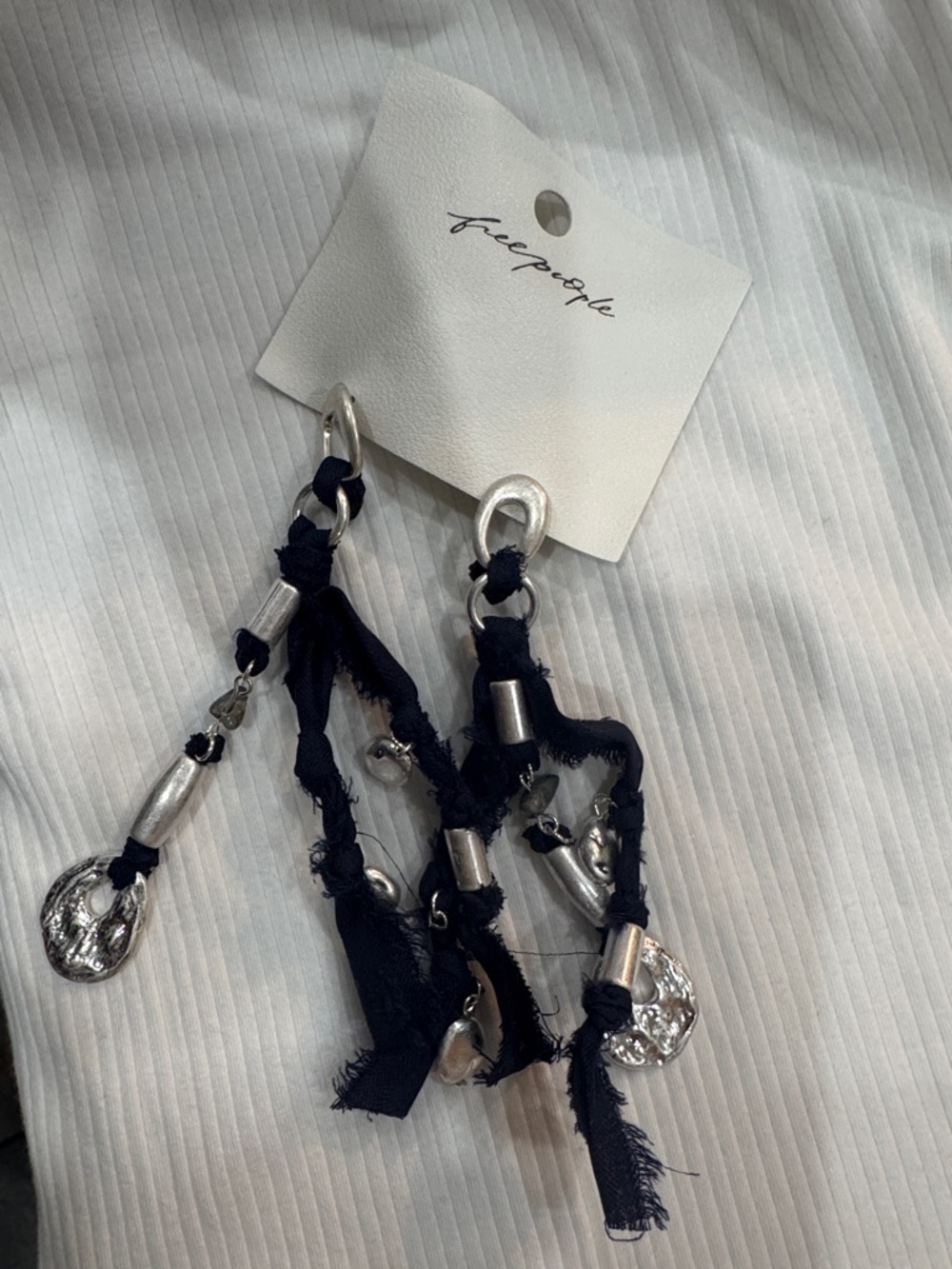 Free People Blue Frayed Fabric & Silver Charm Drop Earrings